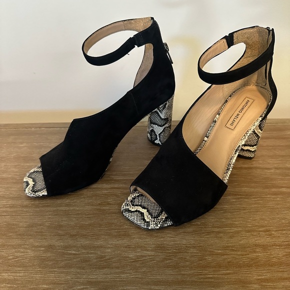 ANTONIO MELANI | Ehren Black Suede Snakeprint Block Heeled Sandals | Size 8.5 - Picture 3 of 7